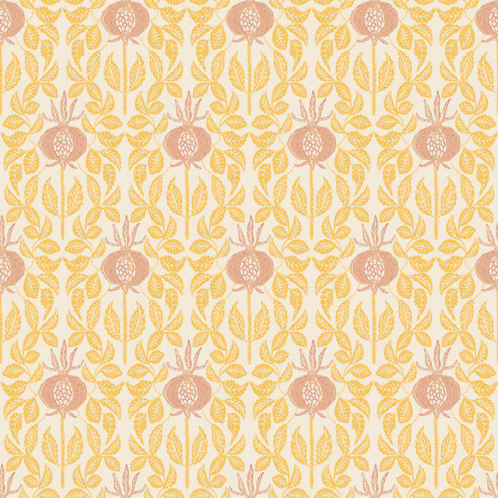 Infuse your home with artisanal charm using Rosehip Blockprint wallpaper, featuring hand-drawn rosehip florals in earthy red and sage green on a warm cream background.

