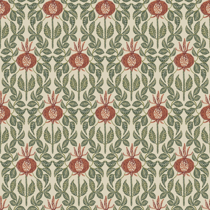 Infuse your home with artisanal charm using Rosehip Blockprint wallpaper, featuring hand-drawn rosehip florals in earthy red and sage green on a warm cream background.