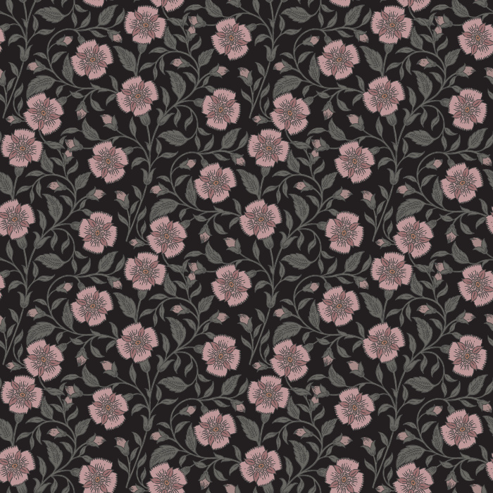 Elevate your space with Vintage Floral wallpaper, featuring a rich chocolate brown background adorned with delicate mauve and dusty rose hand-drawn blooms and leafy vines.