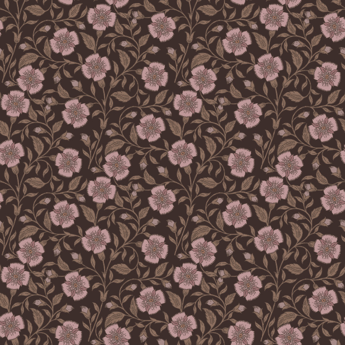 Elevate your space with Vintage Floral wallpaper, featuring a rich chocolate brown background adorned with delicate mauve and dusty rose hand-drawn blooms and leafy vines.