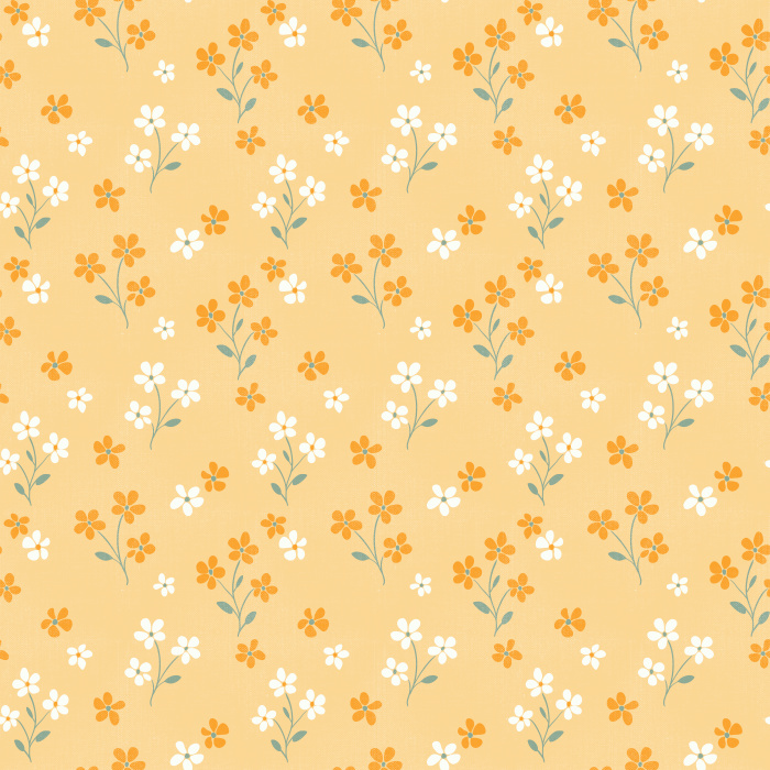 Add a sweet touch of whimsy to your space with Petal Parade wallpaper, featuring charming hand-drawn floral sprigs in soft blush pink and golden yellow on a warm cream background.