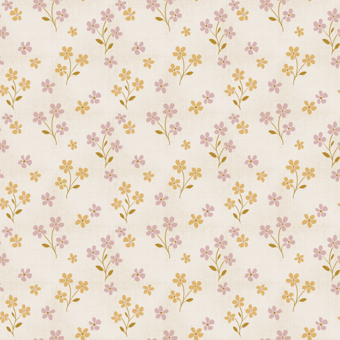 Add a sweet touch of whimsy to your space with Petal Parade wallpaper, featuring charming hand-drawn floral sprigs in soft blush pink and golden yellow on a warm cream background.