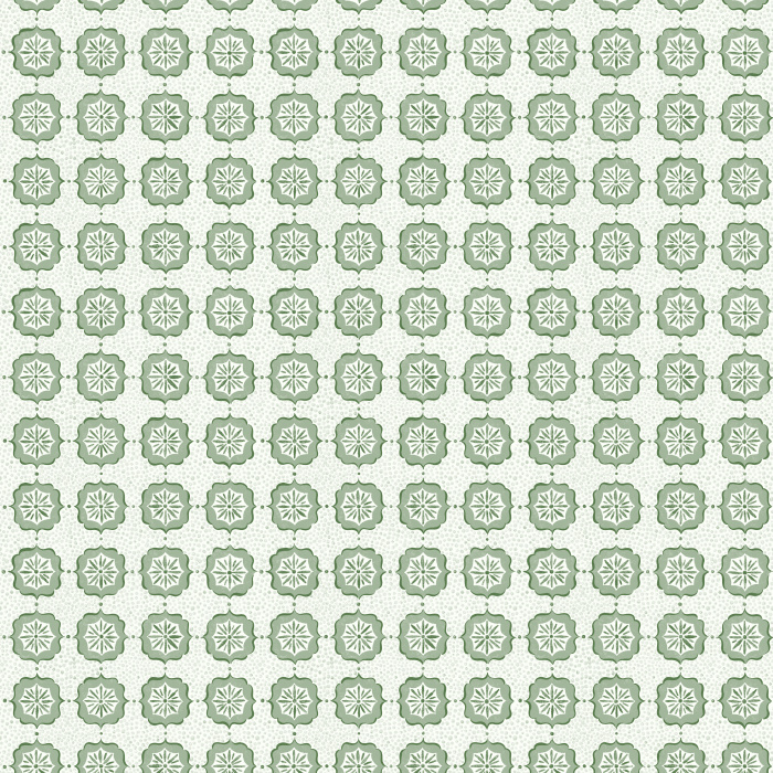 Starlet Lace wallpaper features a delicate geometric medallion pattern with soft, lace-inspired motifs in light green and cream tones, adding vintage-modern charm.