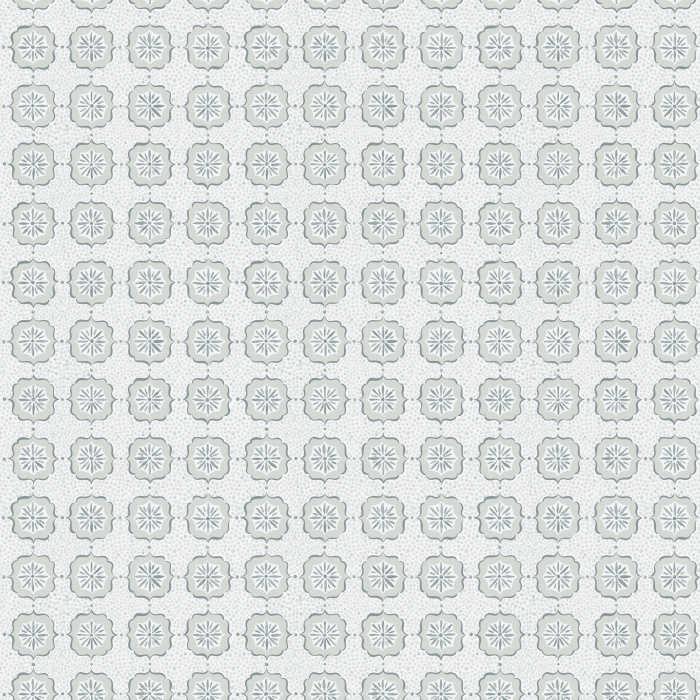 Starlet Lace wallpaper features a delicate geometric medallion pattern with soft, lace-inspired motifs in light green and cream tones, adding vintage-modern charm.