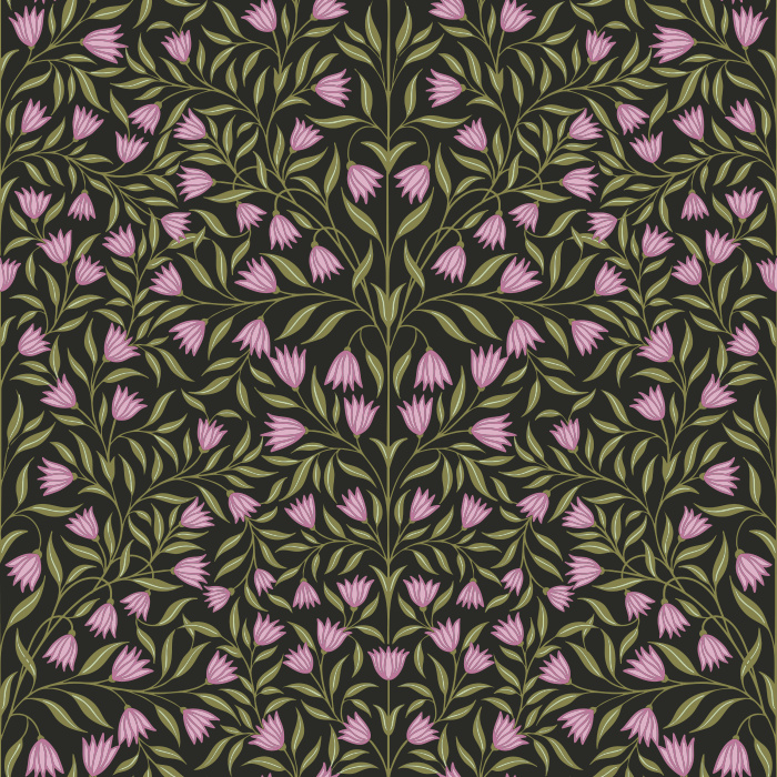 Garden Charm wallpaper brings a fresh, botanical touch with a lively pattern of hand-drawn pink florals and olive green leaves on a soft cream background.