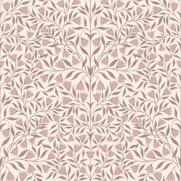 Garden Charm wallpaper brings a fresh, botanical touch with a lively pattern of hand-drawn pink florals and olive green leaves on a soft cream background.