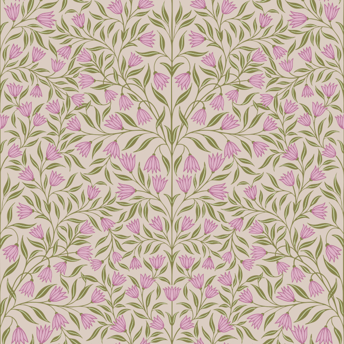 Garden Charm wallpaper brings a fresh, botanical touch with a lively pattern of hand-drawn pink florals and olive green leaves on a soft cream background.
