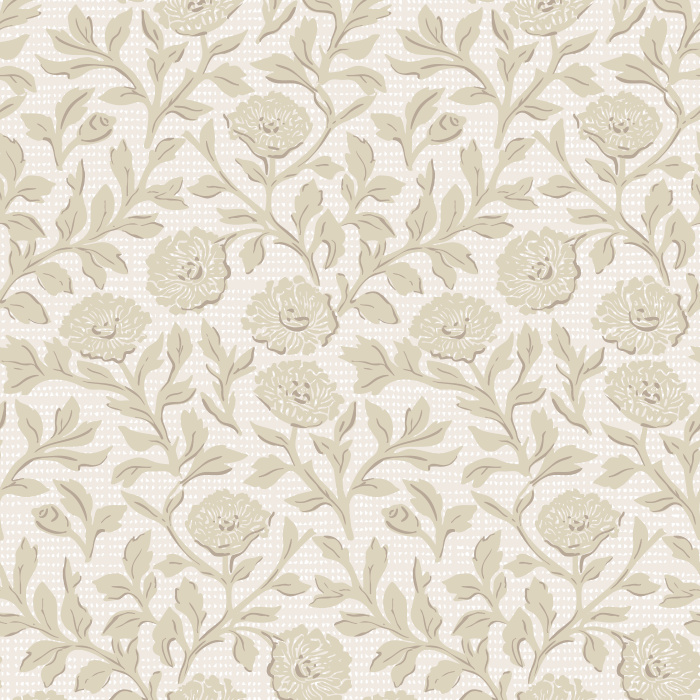 Woodcut Floral wallpaper features a detailed, vintage-inspired floral pattern in soft mauve and cream, evoking the charm of hand-carved woodblock prints.