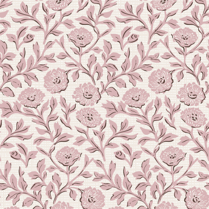 Woodcut Floral wallpaper features a detailed, vintage-inspired floral pattern in soft mauve and cream, evoking the charm of hand-carved woodblock prints.