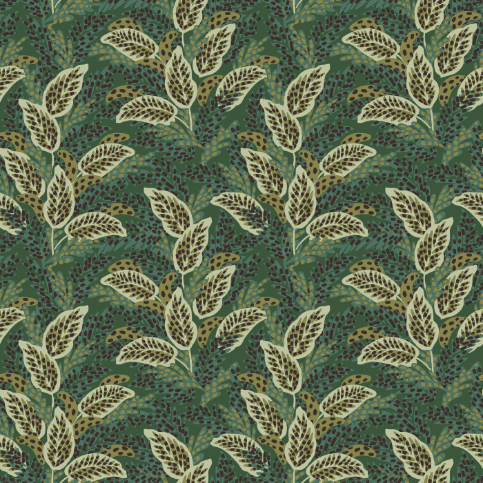 Camouflage Leaves wallpaper features a lively blend of olive green, sage, and muted mauve leaves on a cream background, creating an organic, botanical pattern.