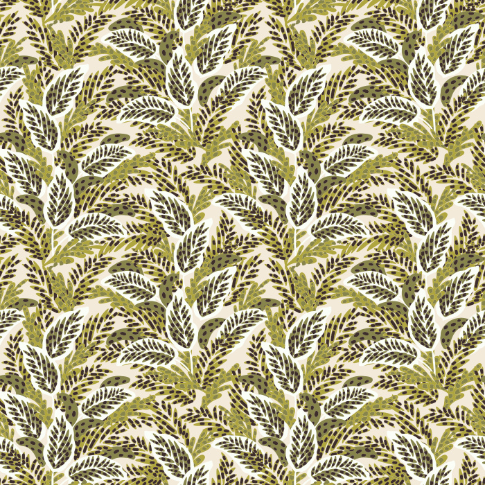 Camouflage Leaves wallpaper features a lively blend of olive green, sage, and muted mauve leaves on a cream background, creating an organic, botanical pattern.