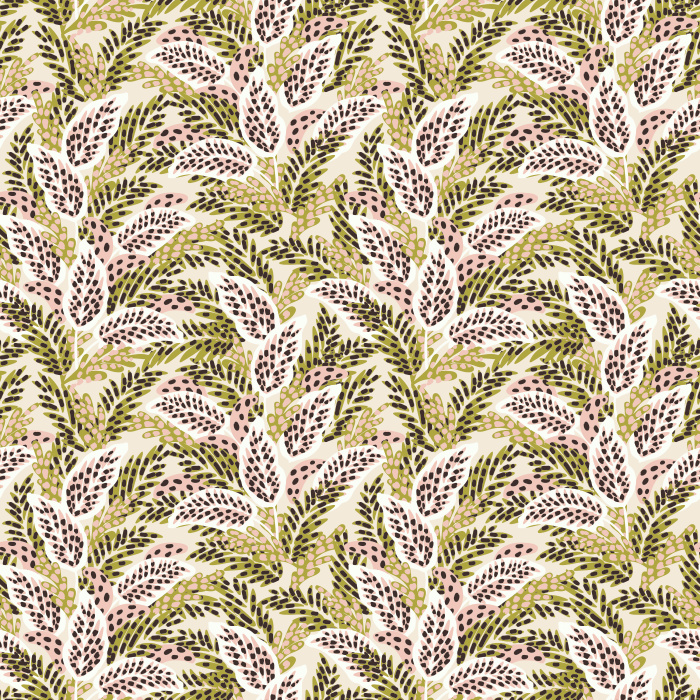 Camouflage Leaves wallpaper features a lively blend of olive green, sage, and muted mauve leaves on a cream background, creating an organic, botanical pattern.