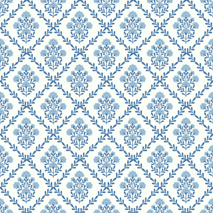Floral Trellis wallpaper features a soft, vintage-inspired trellis pattern with delicate blush pink and sage green florals on a warm beige background.