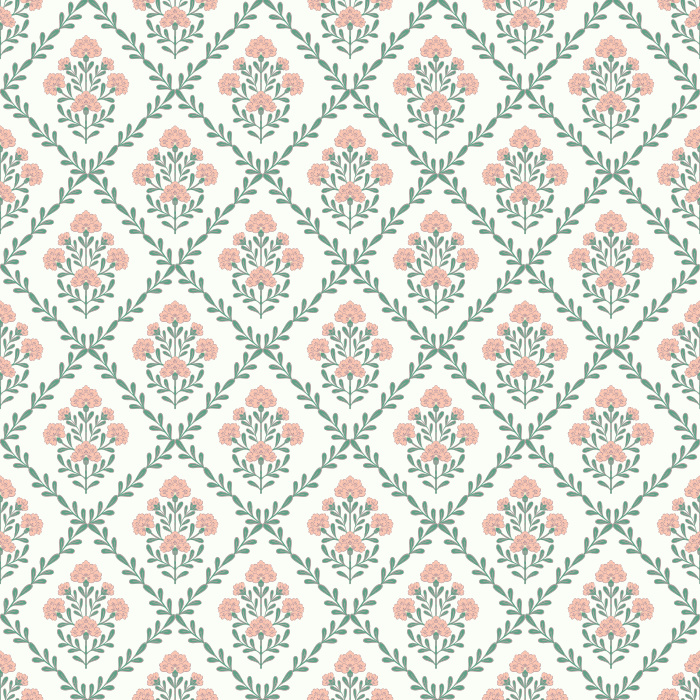Floral Trellis wallpaper features a soft, vintage-inspired trellis pattern with delicate blush pink and sage green florals on a warm beige background.