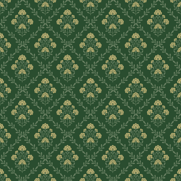 Floral Trellis wallpaper features a soft, vintage-inspired trellis pattern with delicate blush pink and sage green florals on a warm beige background.