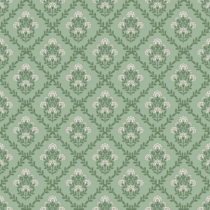 Floral Trellis wallpaper features a soft, vintage-inspired trellis pattern with delicate blush pink and sage green florals on a warm beige background.
