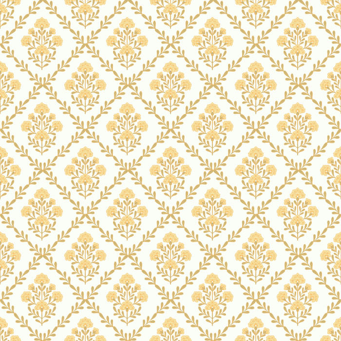 Floral Trellis wallpaper features a soft, vintage-inspired trellis pattern with delicate blush pink and sage green florals on a warm beige background.
