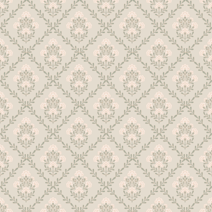Floral Trellis wallpaper features a soft, vintage-inspired trellis pattern with delicate blush pink and sage green florals on a warm beige background.