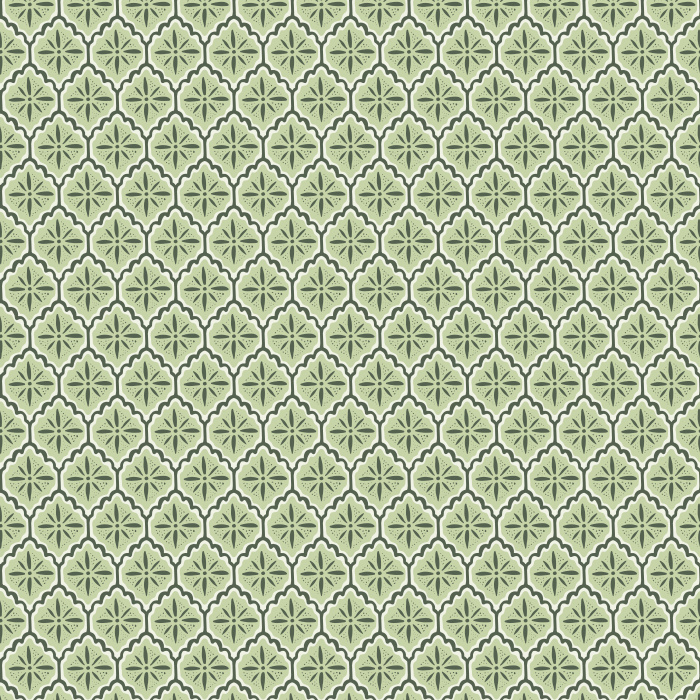 Scallop Tile wallpaper features a refined geometric tile pattern with scalloped edges in olive green and taupe on a soft beige background, for a classic yet modern look.