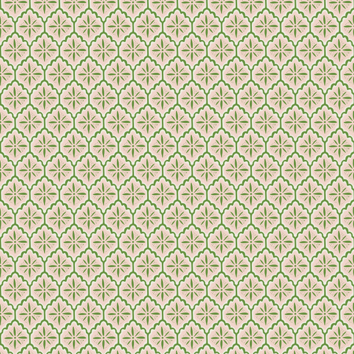 Scallop Tile wallpaper features a refined geometric tile pattern with scalloped edges in olive green and taupe on a soft beige background, for a classic yet modern look.