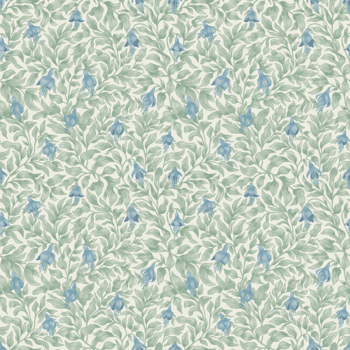 Heirloom Bloom wallpaper features a delicate leafy vine pattern in soft sage green on a warm cream background, creating a timeless botanical look.