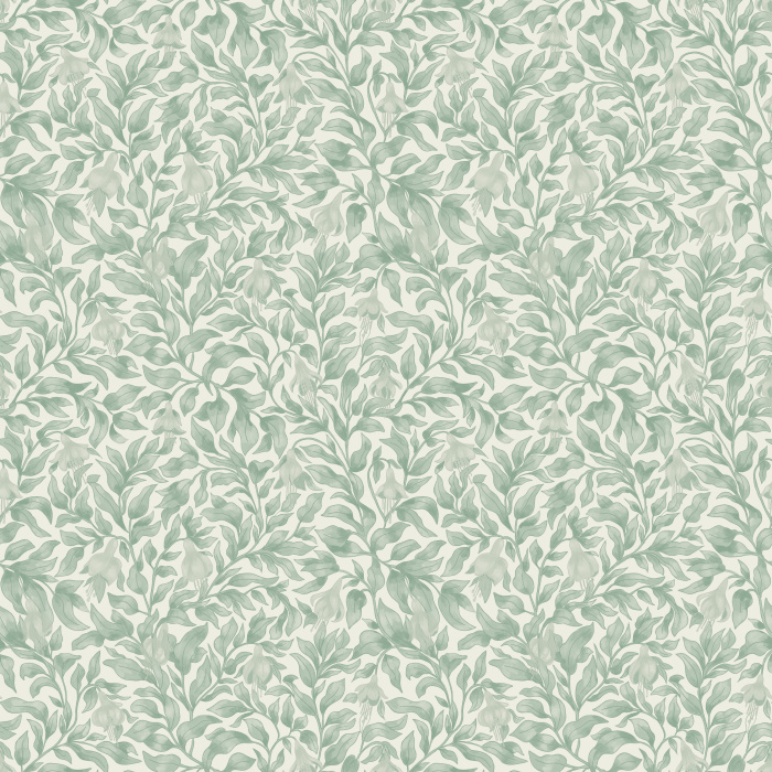 Heirloom Bloom wallpaper features a delicate leafy vine pattern in soft sage green on a warm cream background, creating a timeless botanical look.