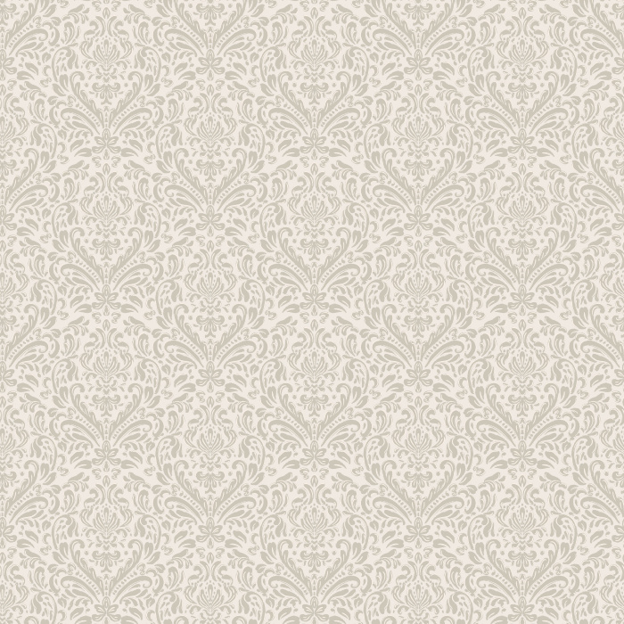 Handmade Damask wallpaper features a timeless, hand-drawn damask motif in soft gray on a warm cream background, offering elegant texture and sophistication.