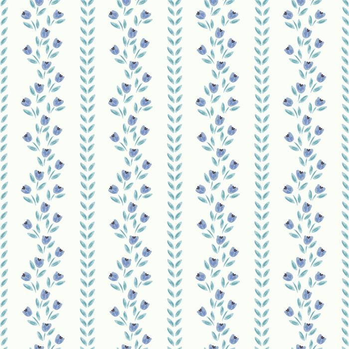 Tulip Thread wallpaper features delicate vertical stripes of hand-drawn blue tulips and olive green vines on a crisp white background.