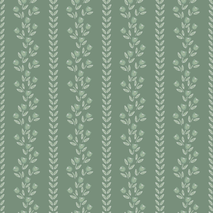 Tulip Thread wallpaper features delicate vertical stripes of hand-drawn blue tulips and olive green vines on a crisp white background.