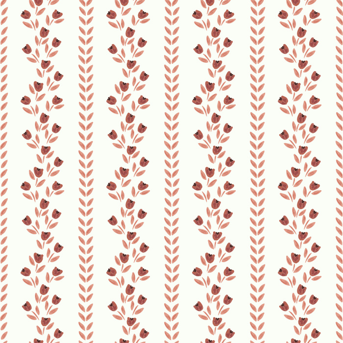 Tulip Thread wallpaper features delicate vertical stripes of hand-drawn blue tulips and olive green vines on a crisp white background.