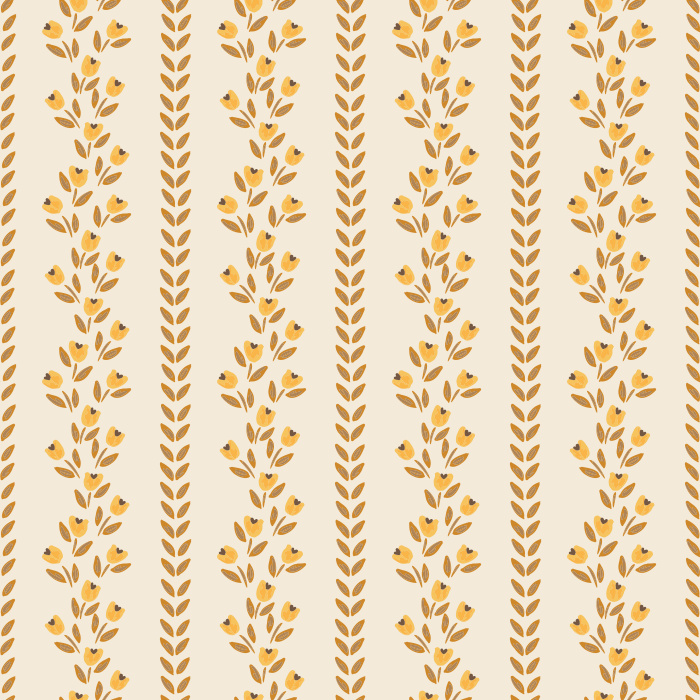 Tulip Thread wallpaper features delicate vertical stripes of hand-drawn blue tulips and olive green vines on a crisp white background.