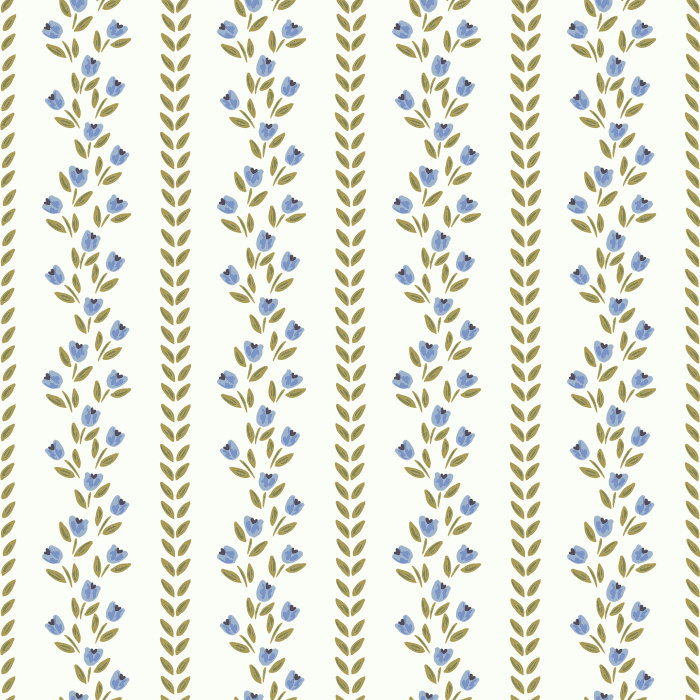 Tulip Thread wallpaper features delicate vertical stripes of hand-drawn blue tulips and olive green vines on a crisp white background.