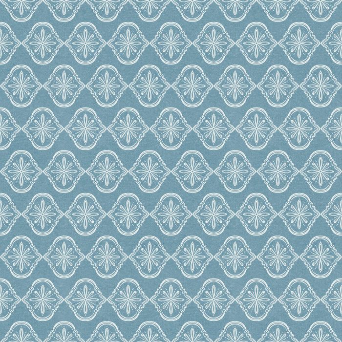Botanique Royale wallpaper features an elegant medallion pattern with delicate botanical motifs in muted blue-gray and soft slate.
