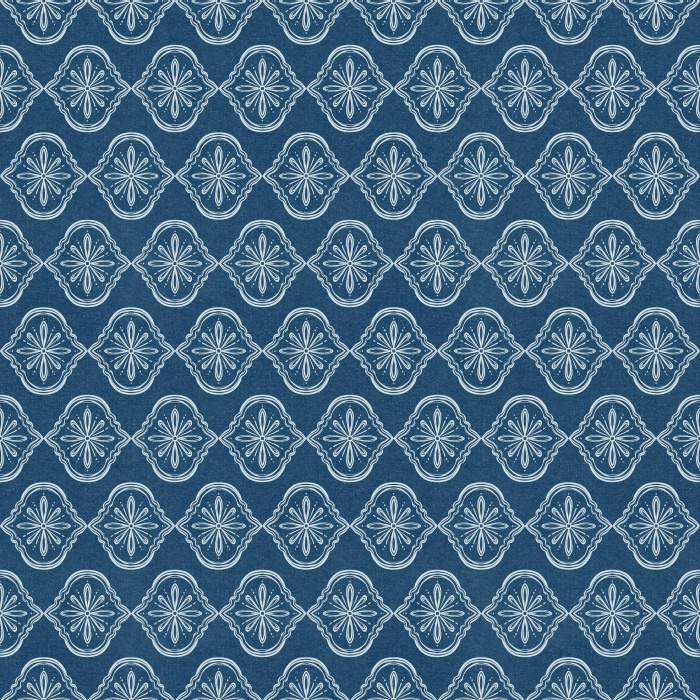 Botanique Royale wallpaper features an elegant medallion pattern with delicate botanical motifs in muted blue-gray and soft slate.