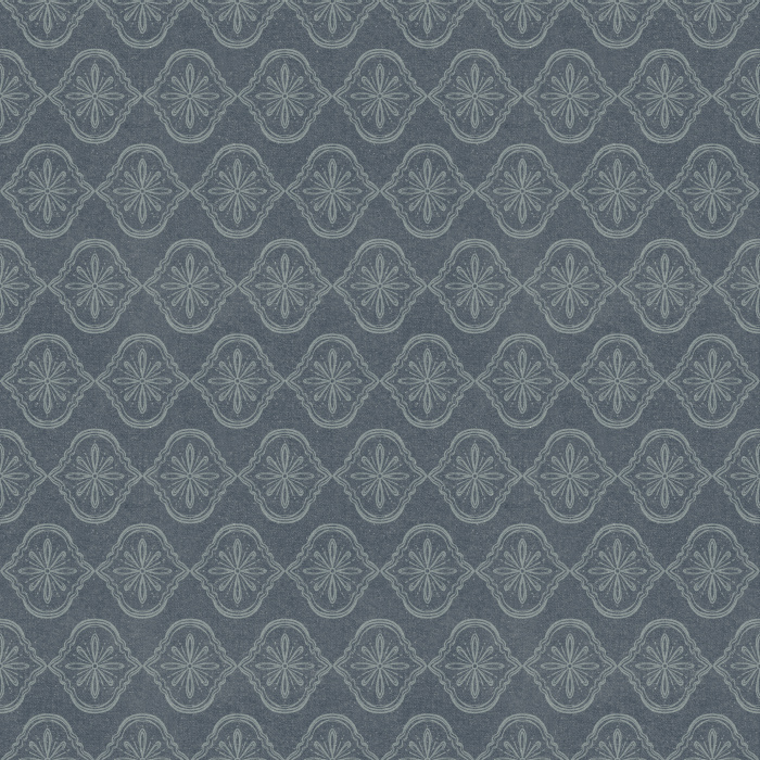 Botanique Royale wallpaper features an elegant medallion pattern with delicate botanical motifs in muted blue-gray and soft slate.