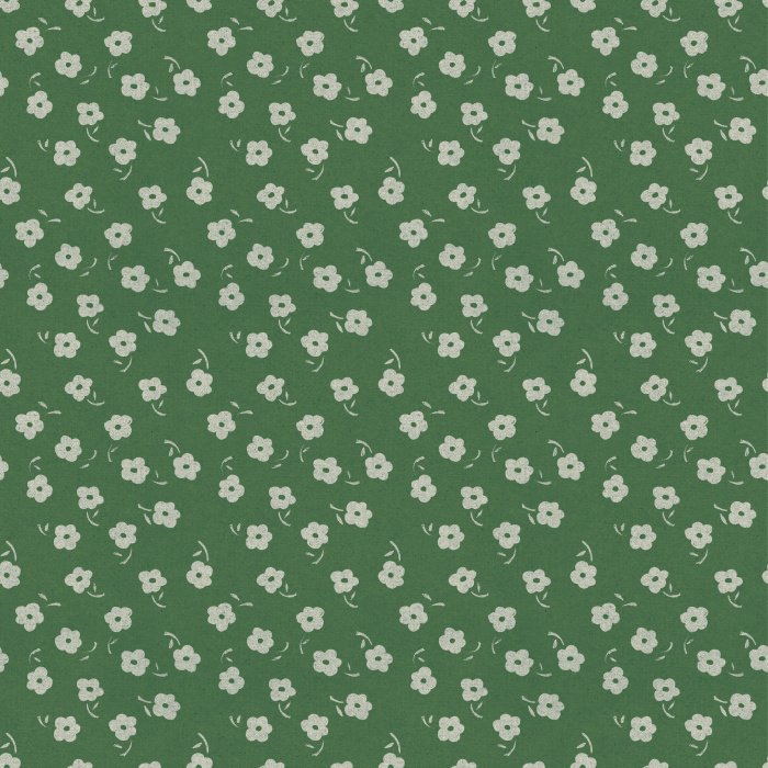 Full Bloom wallpaper features a playful, ditsy floral pattern with cream blossoms on a muted sage green background for a fresh cottage look.