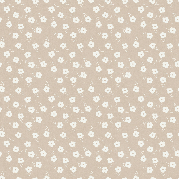 Full Bloom wallpaper features a playful, ditsy floral pattern with cream blossoms on a muted sage green background for a fresh cottage look.