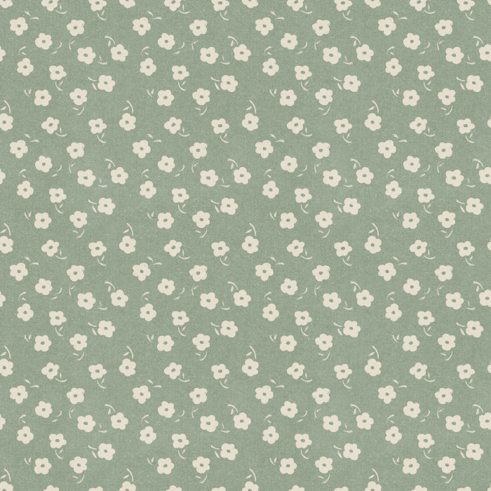 Full Bloom wallpaper features a playful, ditsy floral pattern with cream blossoms on a muted sage green background for a fresh cottage look.