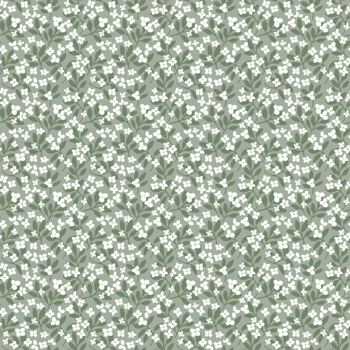 Itsy Garden Florals wallpaper features soft pink blossoms with green leaves on a pale background for a fresh, cottage-inspired look.