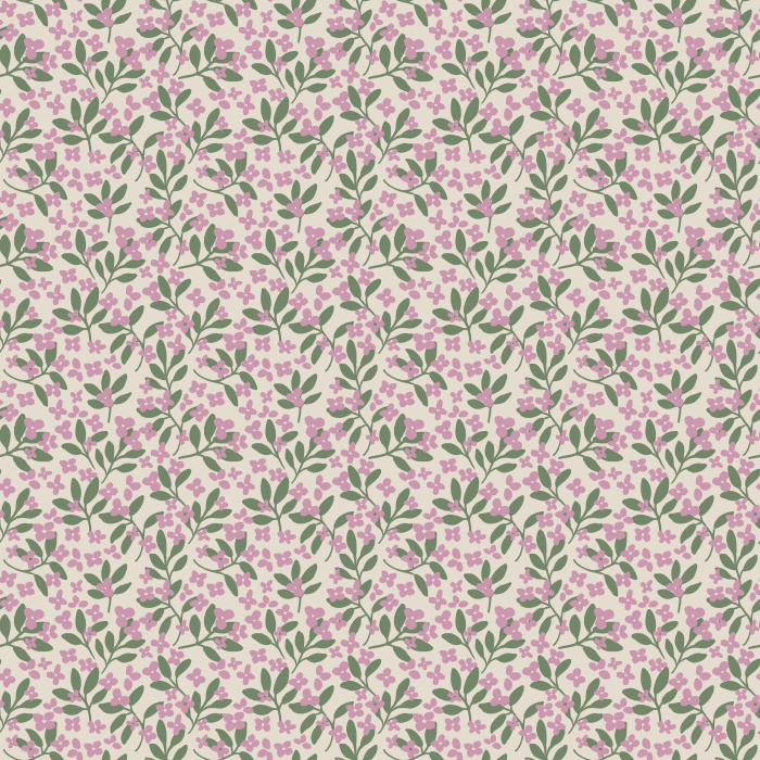 Itsy Garden Florals wallpaper features soft pink blossoms with green leaves on a pale background for a fresh, cottage-inspired look.