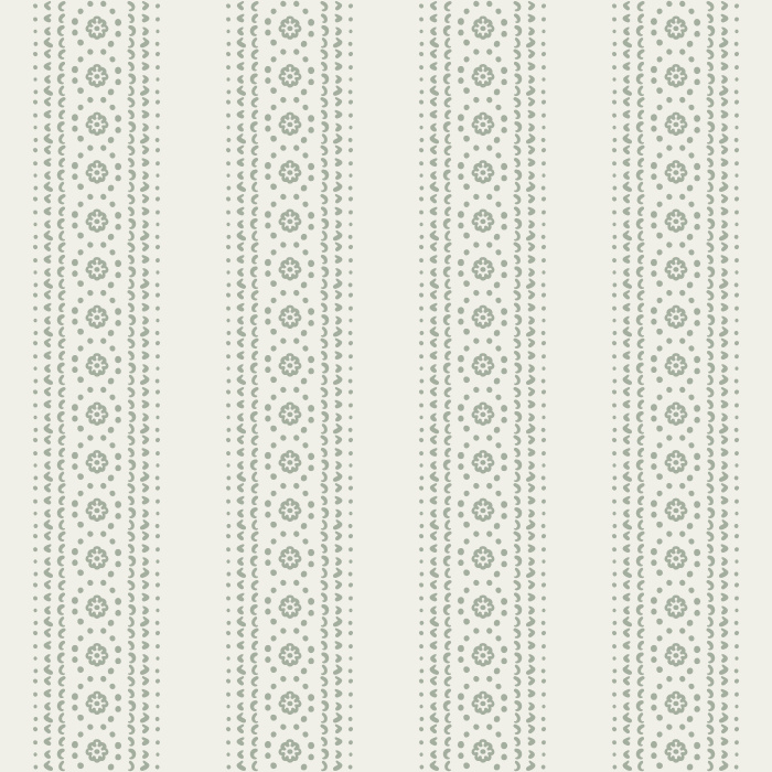 Doodle Stripe wallpaper features playful vertical dotted and floral motifs in sage green on a light cream background for timeless style.