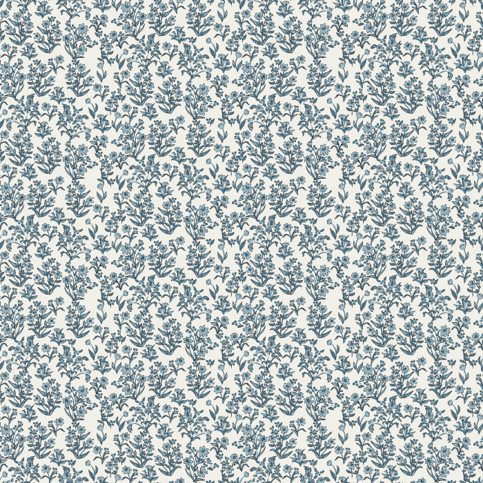 Little Garden wallpaper features a ditsy floral pattern with navy blossoms and blush accents on a warm taupe background.