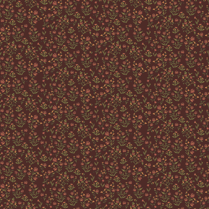 Little Garden wallpaper features a ditsy floral pattern with navy blossoms and blush accents on a warm taupe background.