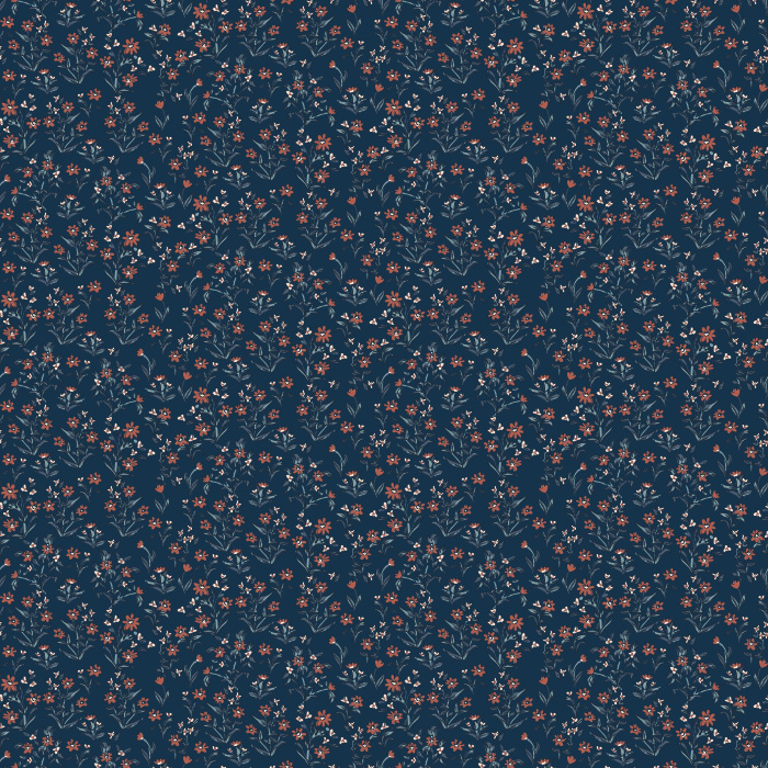 Little Garden wallpaper features a ditsy floral pattern with navy blossoms and blush accents on a warm taupe background.