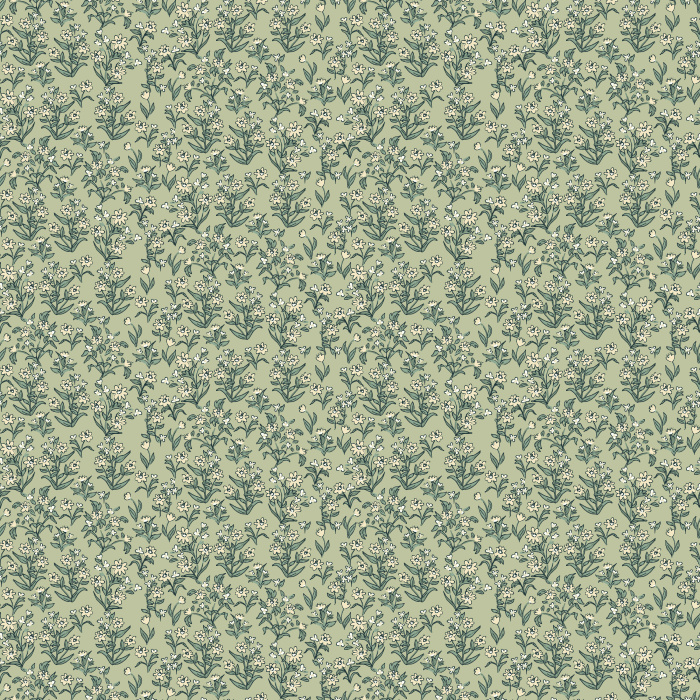 Little Garden wallpaper features a ditsy floral pattern with navy blossoms and blush accents on a warm taupe background.