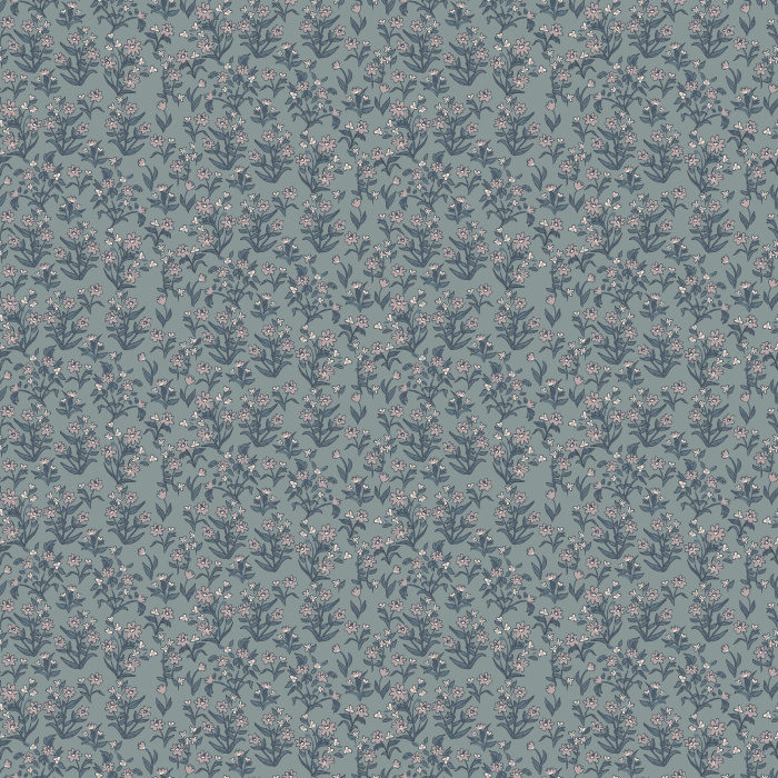 Little Garden wallpaper features a ditsy floral pattern with navy blossoms and blush accents on a warm taupe background.