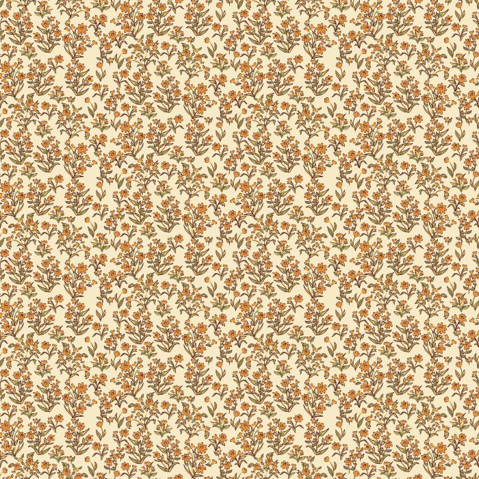 Little Garden wallpaper features a ditsy floral pattern with navy blossoms and blush accents on a warm taupe background.