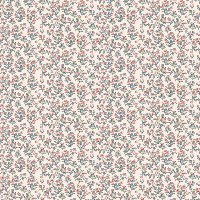 Little Garden wallpaper features a ditsy floral pattern with navy blossoms and blush accents on a warm taupe background.