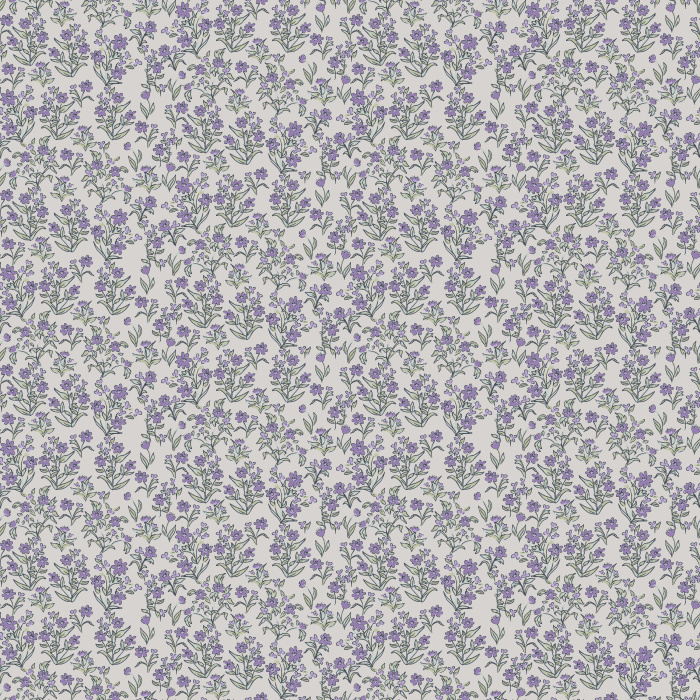 Little Garden wallpaper features a ditsy floral pattern with navy blossoms and blush accents on a warm taupe background.