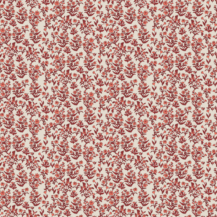 Little Garden wallpaper features a ditsy floral pattern with navy blossoms and blush accents on a warm taupe background.